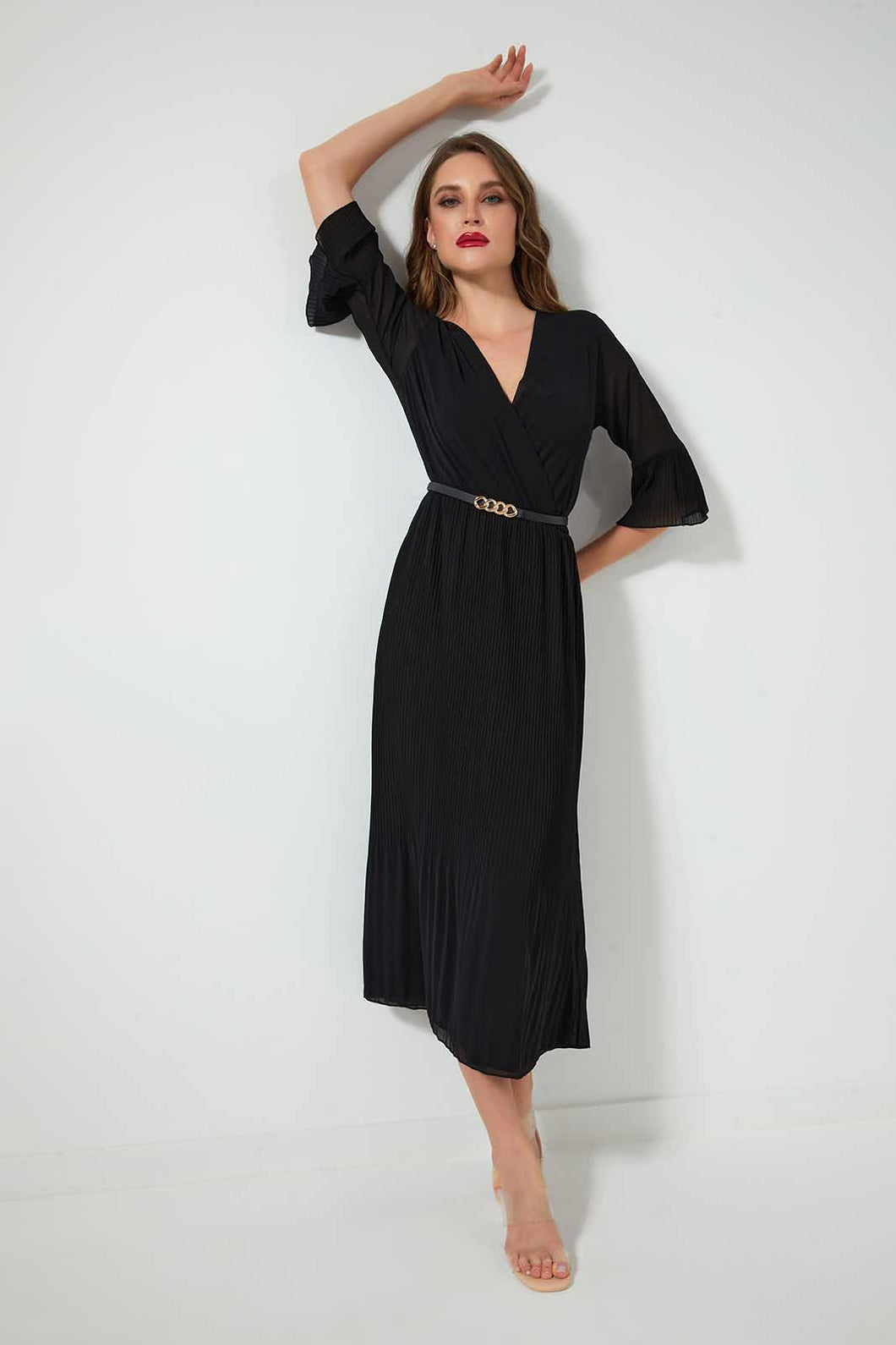 Redtag-Black-3/4-Sleeve-Pleated-Dress-Dresses-Women's-