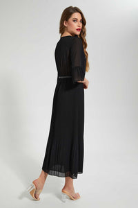 Redtag-Black-3/4-Sleeve-Pleated-Dress-Dresses-Women's-