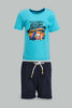 Redtag-Blue-And-Navy-T-Shirt-And-Short-Casual-Set-(2-Pack)-Sets-Infant-Boys-3 to 24 Months