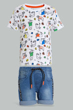 Load image into Gallery viewer, Redtag-White-Printed-T-Shirt-With-Denim-Short-Casual-Set-(2-Pack)-Sets-Infant-Boys-3 to 24 Months
