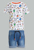 Redtag-White-Printed-T-Shirt-With-Denim-Short-Casual-Set-(2-Pack)-Sets-Infant-Boys-3 to 24 Months