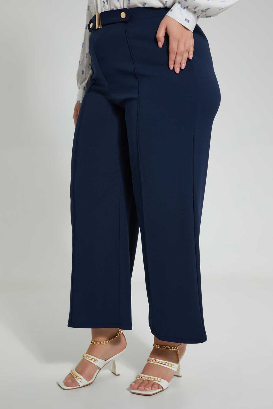 Redtag-Navy-Buckle-Detail-Wide-Leg-Trouser-Culottes-Women's-