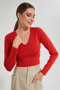 Redtag-Red-V-Neck-Pullover-Tops-Women's-