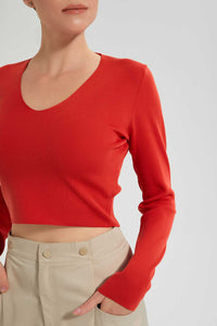 Redtag-Red-V-Neck-Pullover-Tops-Women's-