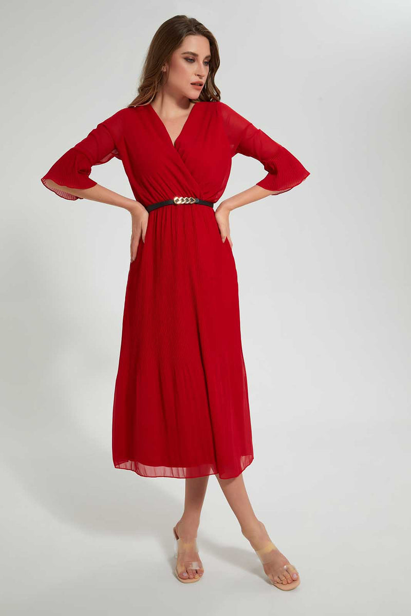 Redtag-Red-3/4-Sleeve-Pleated-Dress-Dresses-Women's-