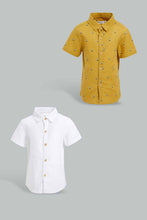 تنزيل الصورة على معرض الصور، Redtag-White-And-Mustard-Linen-2-Pack-Ss-Shirt-Casual-Shirts-Infant-Boys-3 to 24 Months
