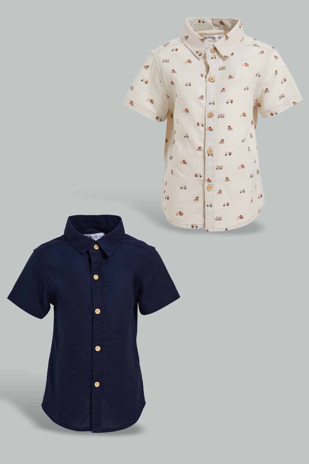 Redtag-Navy-And-Beige-Linen-2-Pack-Ss-Shirt-Casual-Shirts-Infant-Boys-3 to 24 Months