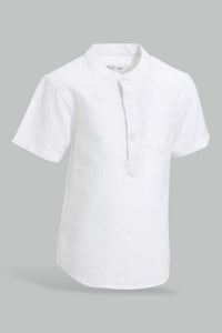 Redtag-White-Dobby-Short-Sleeve-Mandarin-Shirt-Casual-Shirts-Infant-Boys-3 to 24 Months