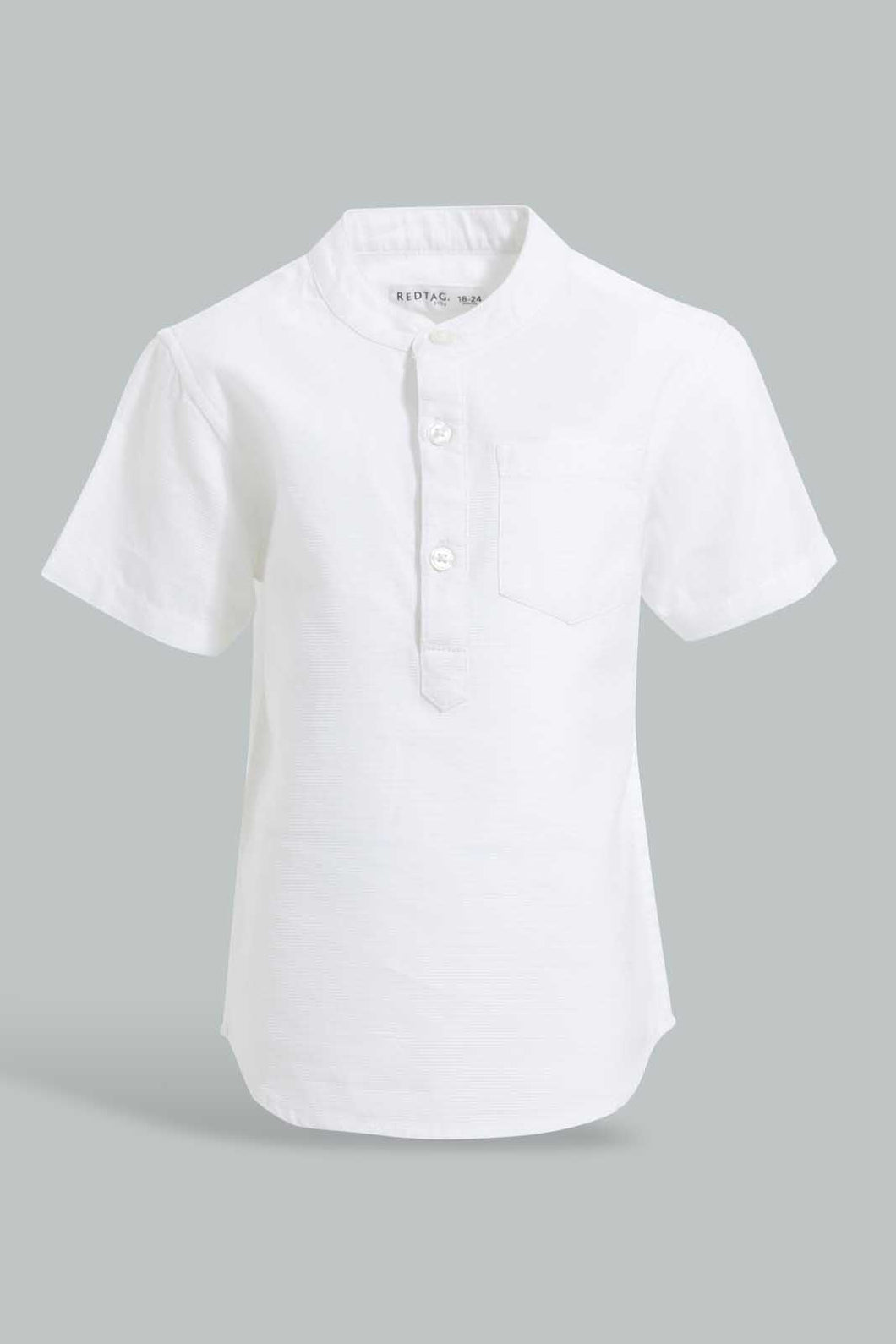 Redtag-White-Dobby-Short-Sleeve-Mandarin-Shirt-Casual-Shirts-Infant-Boys-3 to 24 Months