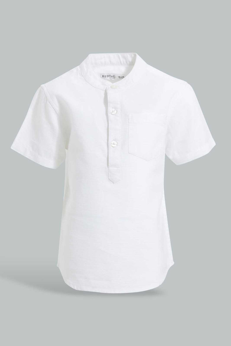 Redtag-White-Dobby-Short-Sleeve-Mandarin-Shirt-Casual-Shirts-Infant-Boys-3 to 24 Months