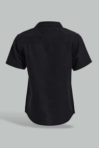 Redtag-Black-Dobby-Short-Sleeve-Mandarin-Shirt-Casual-Shirts-Infant-Boys-3 to 24 Months