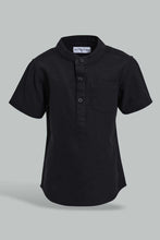 Load image into Gallery viewer, Redtag-Black-Dobby-Short-Sleeve-Mandarin-Shirt-Casual-Shirts-Infant-Boys-3 to 24 Months
