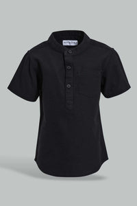 Redtag-Black-Dobby-Short-Sleeve-Mandarin-Shirt-Casual-Shirts-Infant-Boys-3 to 24 Months