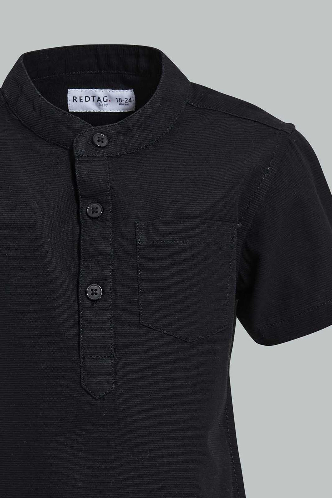 Redtag-Black-Dobby-Short-Sleeve-Mandarin-Shirt-Casual-Shirts-Infant-Boys-3 to 24 Months
