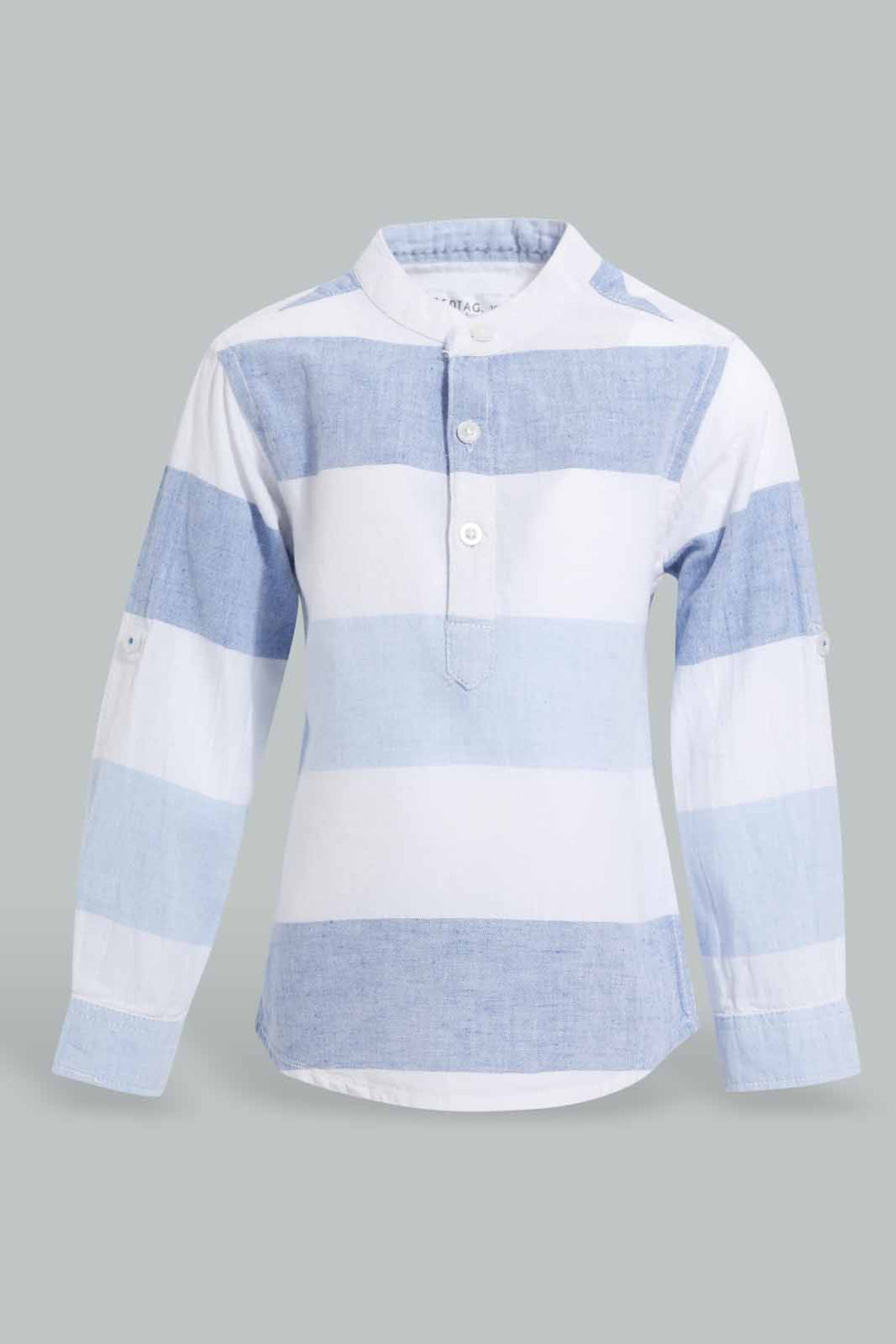 Redtag-Blue-And-White-Striped-Mandarin-Roll-Up-Ls-Shirt-Casual-Shirts-Infant-Boys-3 to 24 Months