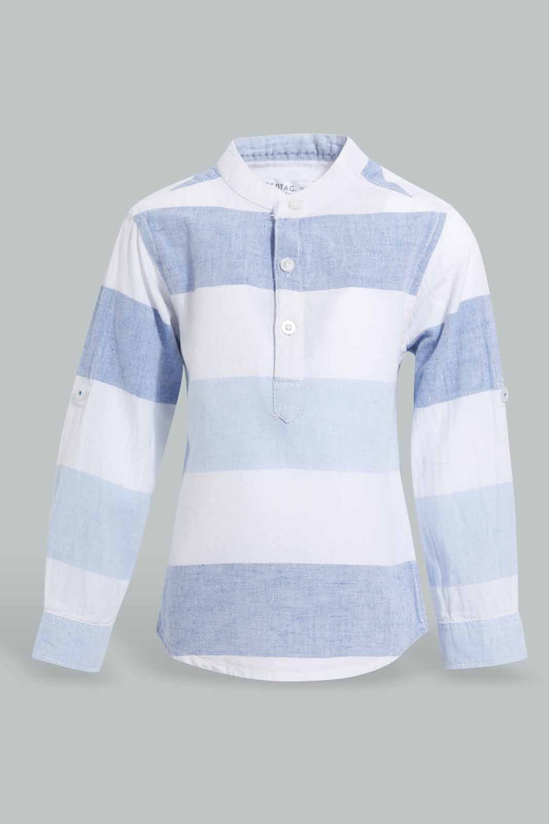 Redtag-Blue-And-White-Striped-Mandarin-Roll-Up-Ls-Shirt-Casual-Shirts-Infant-Boys-3 to 24 Months