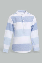 Load image into Gallery viewer, Redtag-Blue-And-White-Striped-Mandarin-Roll-Up-Ls-Shirt-Casual-Shirts-Infant-Boys-3 to 24 Months

