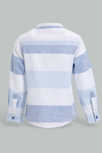 Redtag-Blue-And-White-Striped-Mandarin-Roll-Up-Ls-Shirt-Casual-Shirts-Infant-Boys-3 to 24 Months