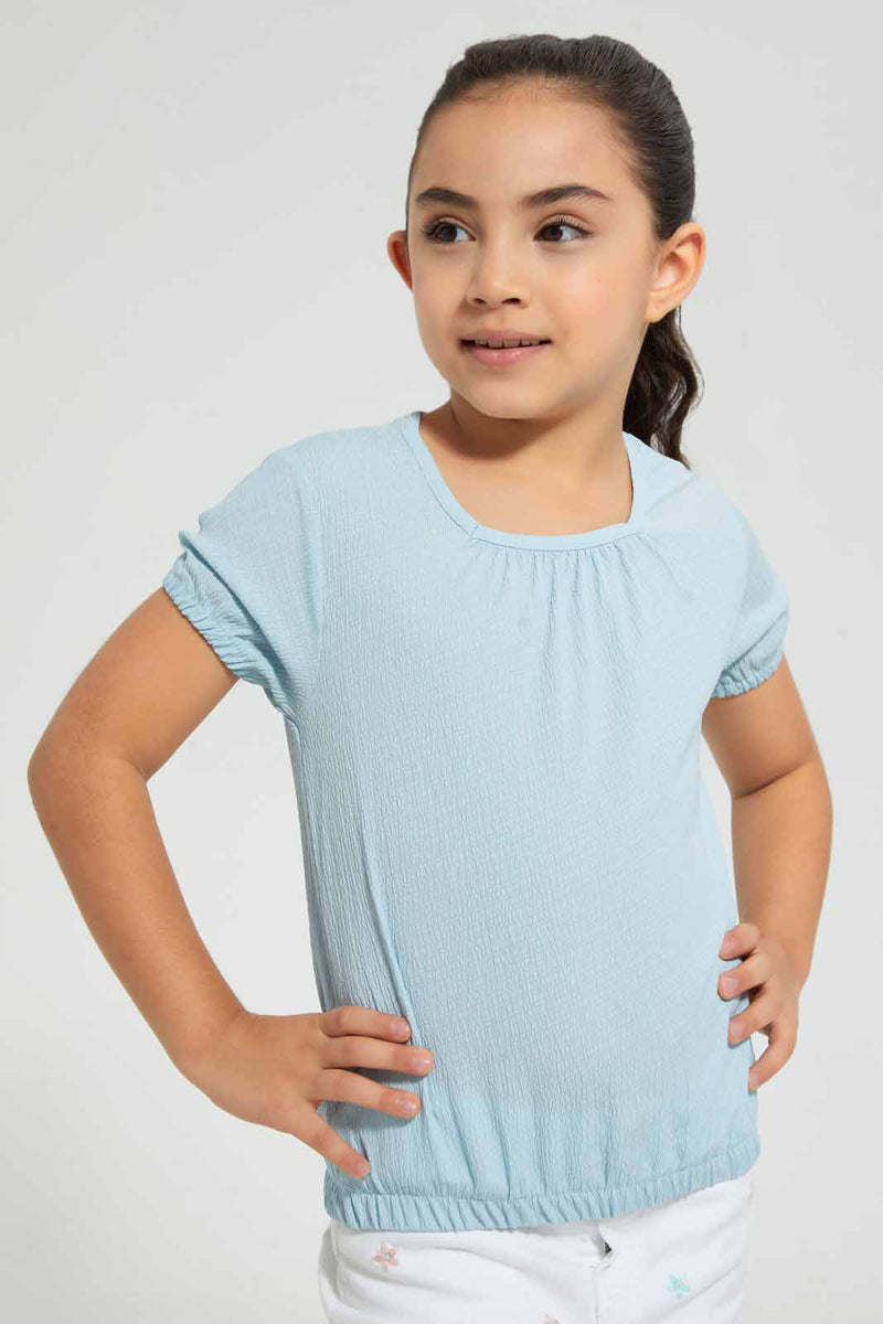 Redtag-Blue-Textured-Blouse-Blouses-Girls-2 to 8 Years