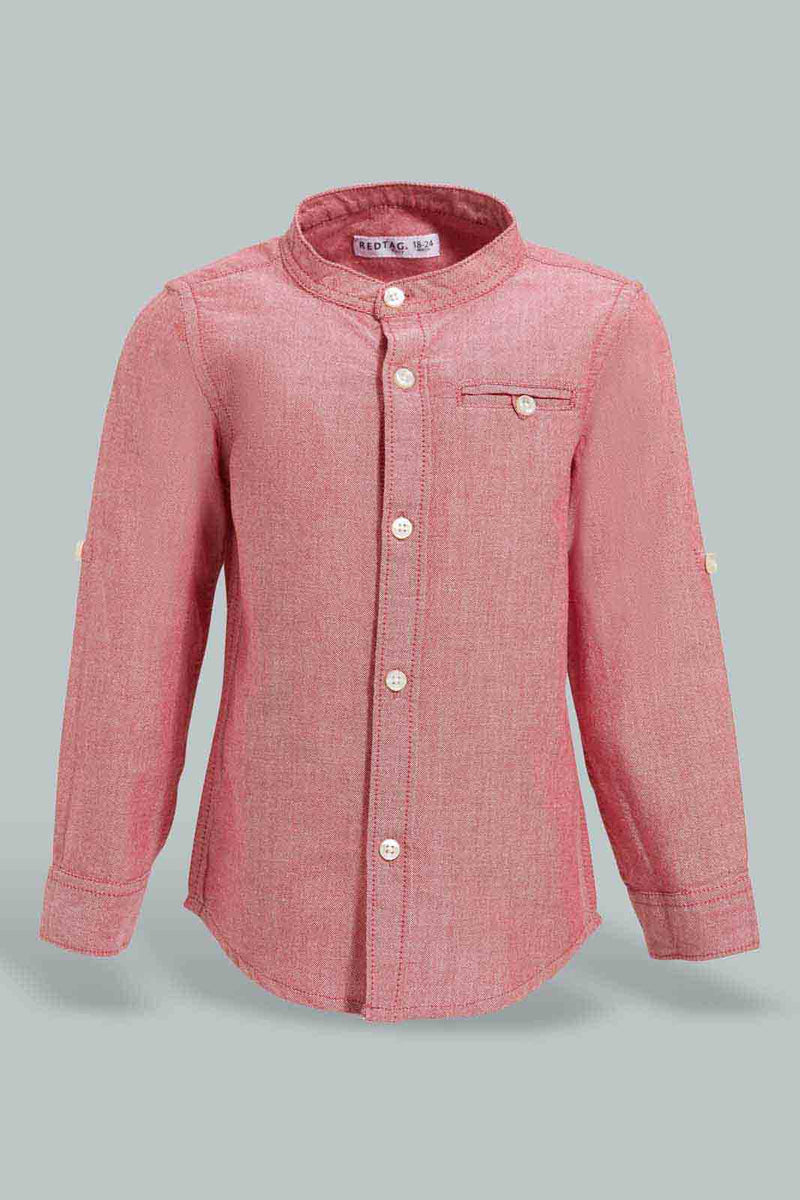 Redtag-Pink-Solid-Mandarin-Ls-Shirt-With-Roll-Up-Casual-Shirts-Infant-Boys-3 to 24 Months