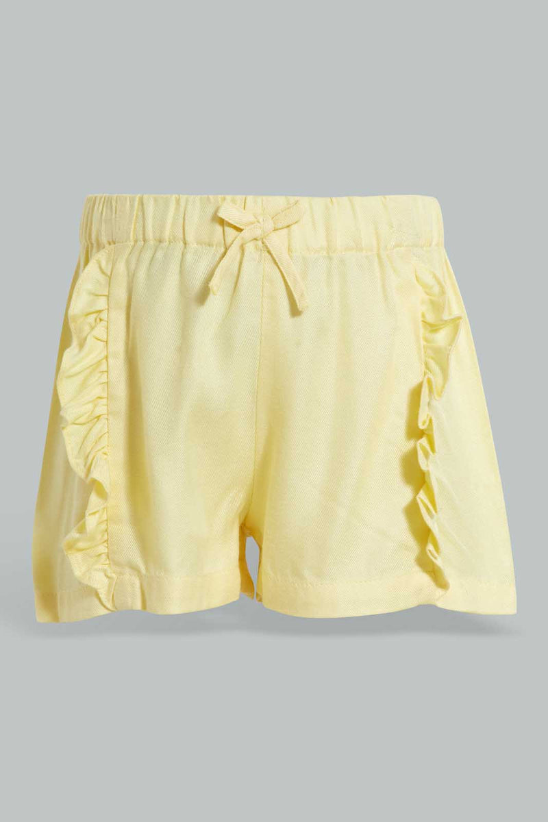 Redtag-Yellow-Front-Frill-Short-Casual-Shorts-Infant-Girls-3 to 24 Months