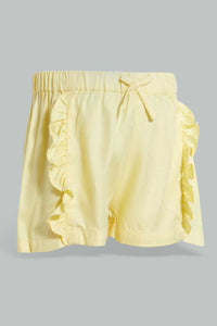 Redtag-Yellow-Front-Frill-Short-Casual-Shorts-Infant-Girls-3 to 24 Months