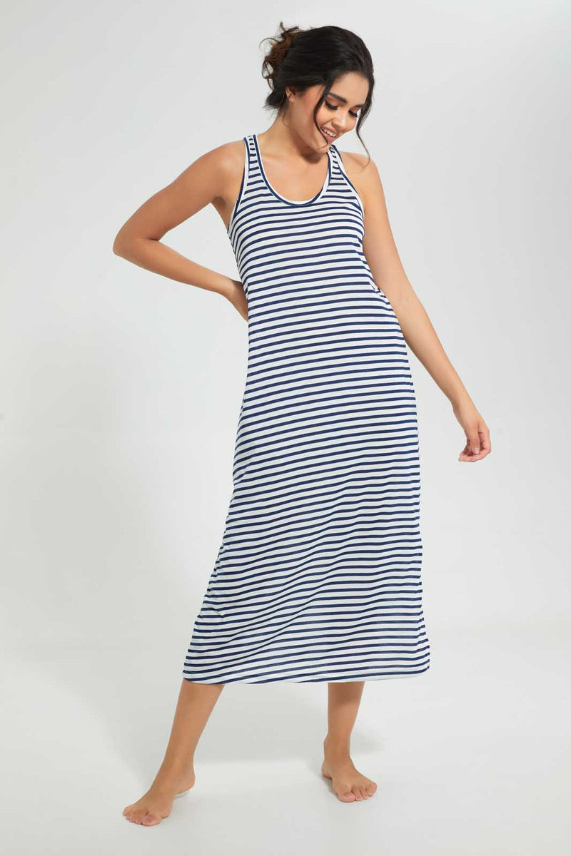 Redtag-Navy/White-Stripe-Yarn-Dyed-NighT-Shirt-Nightshirts-Women's-