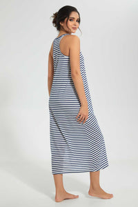 Redtag-Navy/White-Stripe-Yarn-Dyed-NighT-Shirt-Nightshirts-Women's-