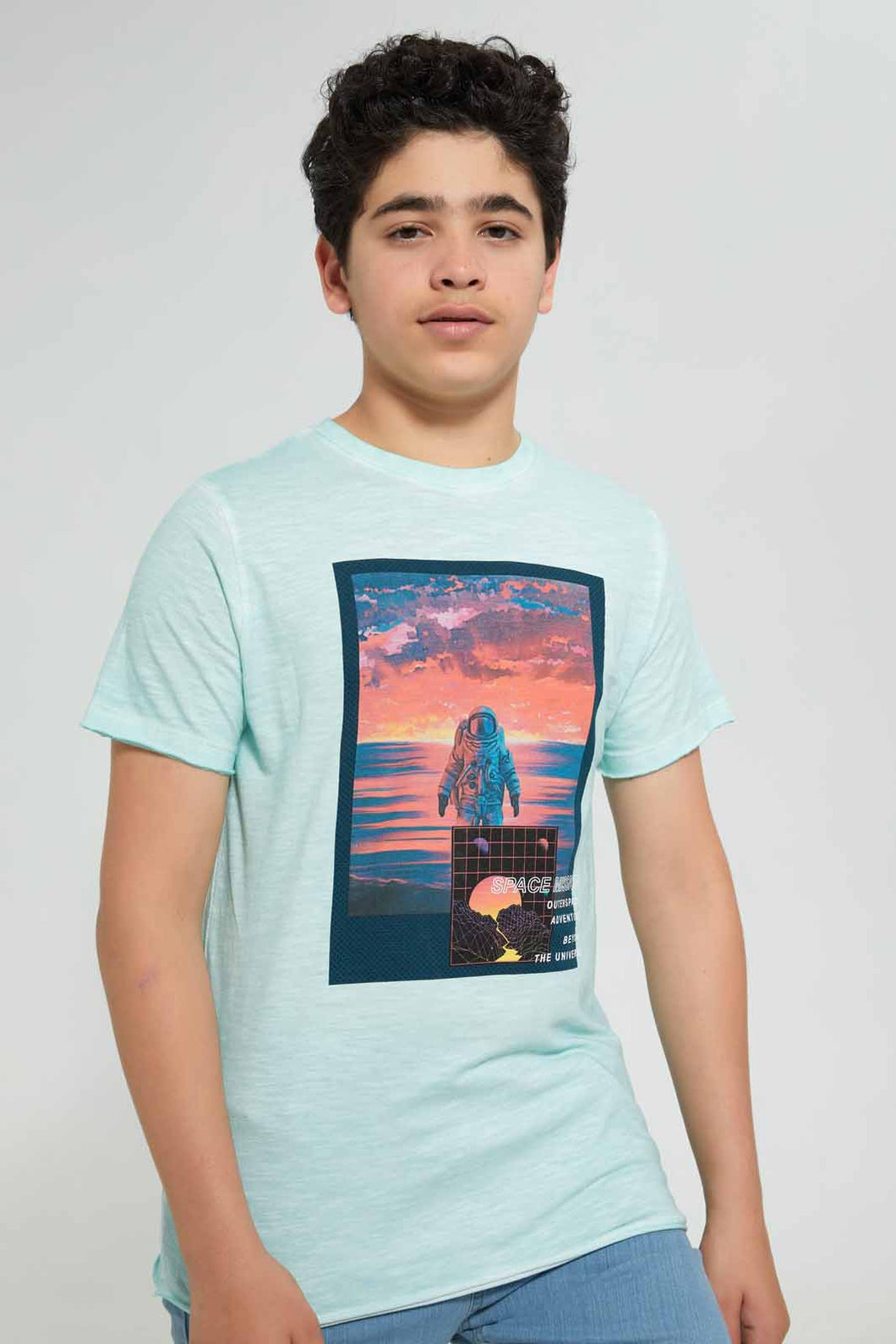 Redtag-Lt-Blue-Astronaut-Tee-Graphic-T-Shirts-Senior-Boys-9 to 14 Years