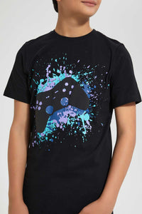 Redtag-Black-Bsr-Splatter-Gaming-Controller-T-Shirt-Graphic-T-Shirts-Senior-Boys-9 to 14 Years