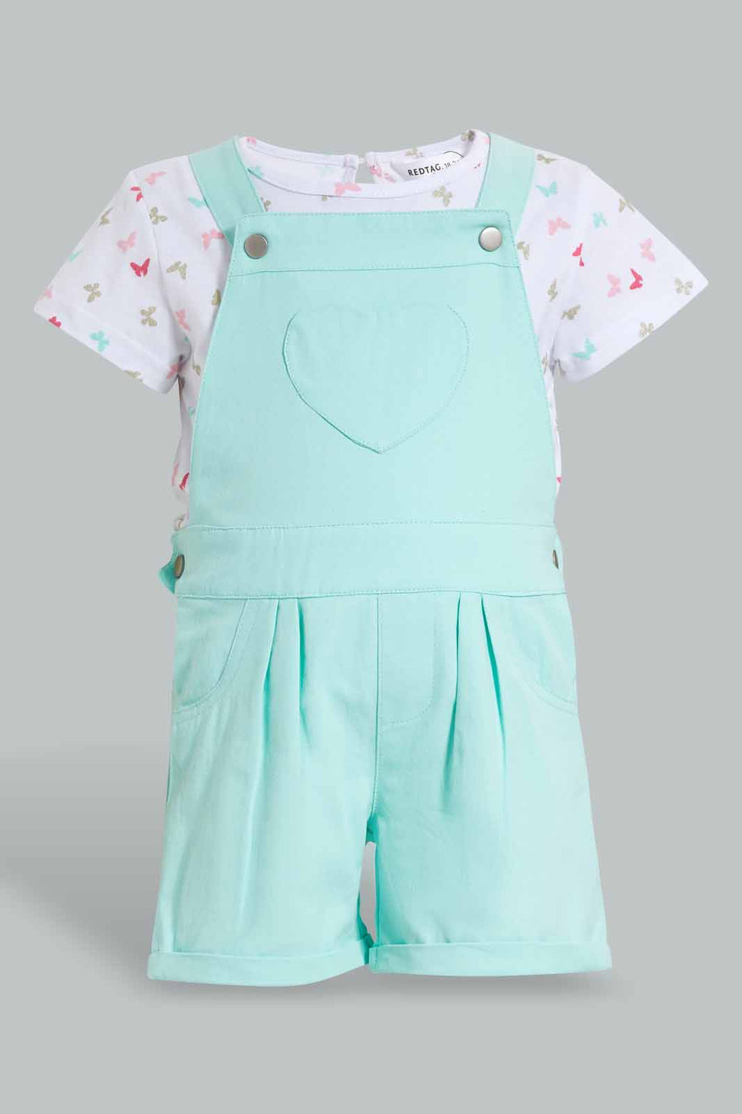 Redtag-Mint-Aop-Dungaree-Short-Set-Sets-Infant-Girls-3 to 24 Months