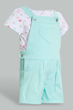 تنزيل الصورة على معرض الصور، Redtag-Mint-Aop-Dungaree-Short-Set-Sets-Infant-Girls-3 to 24 Months
