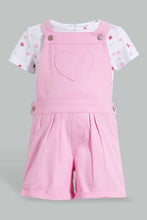 تنزيل الصورة على معرض الصور، Redtag-Pink-Short-Dungaree-With-White-Aop-T-Shirt-Sets-Infant-Girls-3 to 24 Months
