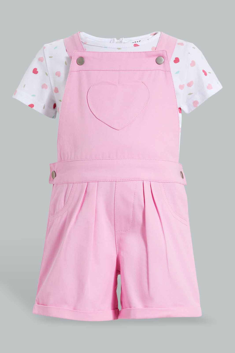 Redtag-Pink-Short-Dungaree-With-White-Aop-T-Shirt-Sets-Infant-Girls-3 to 24 Months