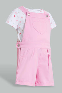 Redtag-Pink-Short-Dungaree-With-White-Aop-T-Shirt-Sets-Infant-Girls-3 to 24 Months