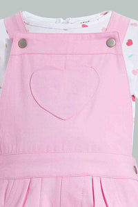 Redtag-Pink-Short-Dungaree-With-White-Aop-T-Shirt-Sets-Infant-Girls-3 to 24 Months