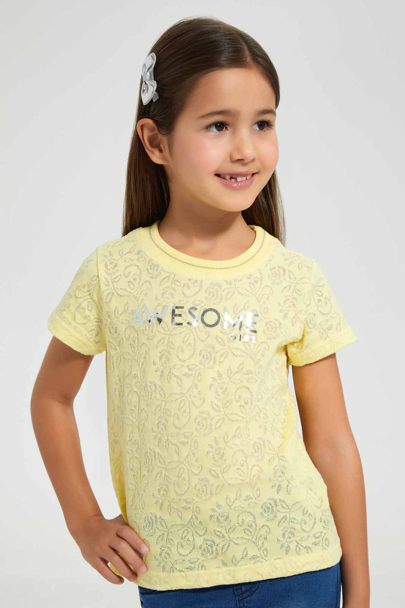 Redtag-Yellow-Jacquard-T-Shirt-Graphic-T-Shirts-Girls-2 to 8 Years