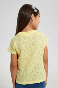 Redtag-Yellow-Jacquard-T-Shirt-Graphic-T-Shirts-Girls-2 to 8 Years