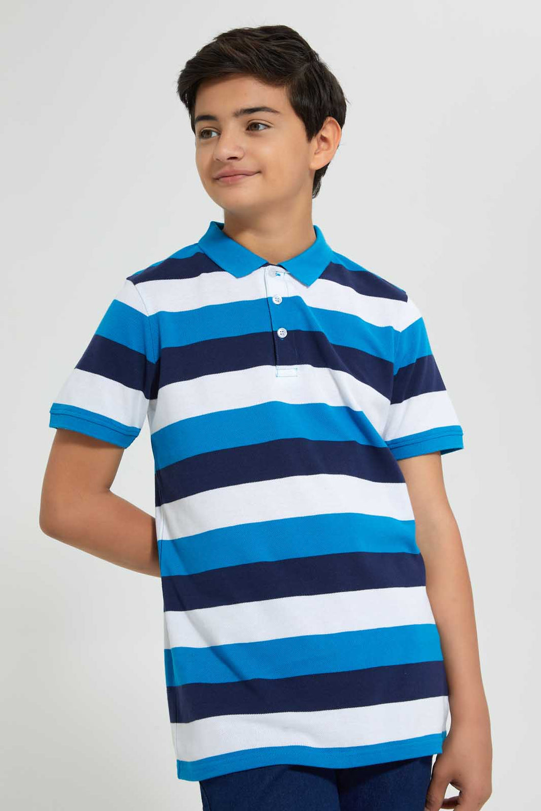 Redtag-Navy/Blue/White-Stripe-Polo-Tee-Polo-Shirts-Senior-Boys-9 to 14 Years