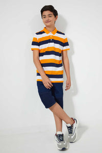 Redtag-Navy/Orange/White-Stripe-Polo-Tee-Polo-Shirts-Senior-Boys-9 to 14 Years