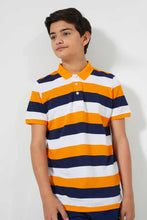 تنزيل الصورة على معرض الصور، Redtag-Navy/Orange/White-Stripe-Polo-Tee-Polo-Shirts-Senior-Boys-9 to 14 Years
