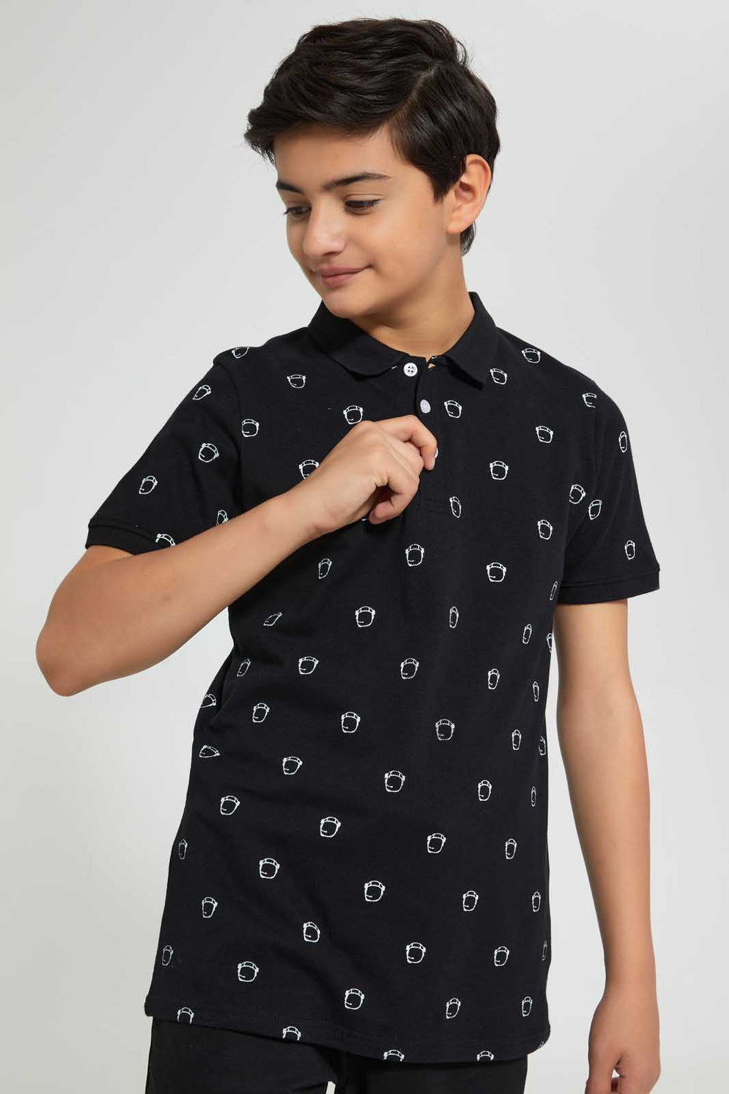 Redtag-Black-Aop-Polo-Tee-Polo-Shirts-Senior-Boys-9 to 14 Years