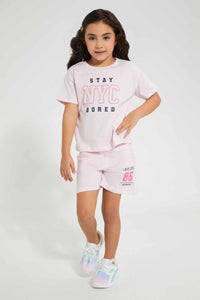 Redtag-Pink-Chest-Print-Set-Sets-Girls-2 to 8 Years