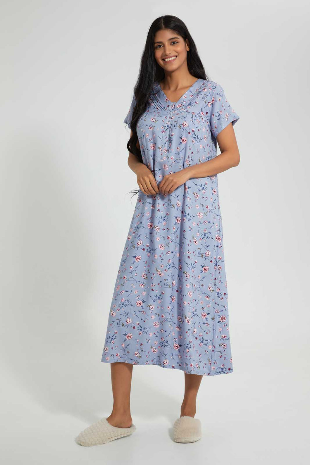 Redtag-Blue-Floral-Printed-Nightgown-Nightgowns-Women's-