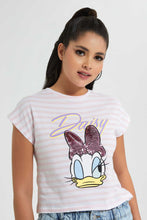 تنزيل الصورة على معرض الصور، Redtag-Assorted-Daisy-Striped-Embellished-Character-T-Shirt-Striped-T-Shirts-Women&#39;s-
