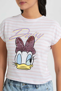 Redtag-Assorted-Daisy-Striped-Embellished-Character-T-Shirt-Striped-T-Shirts-Women's-