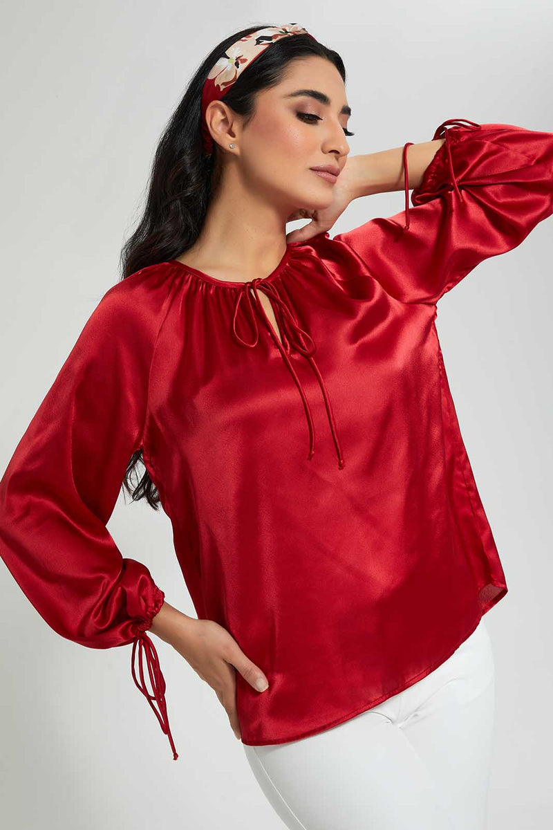 Redtag-Red-Long-Sleeve-String-Pattern-Blouse-Blouses-Women's-