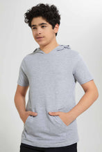 تنزيل الصورة على معرض الصور، Redtag-Grey-Melange-Bsr-Plain-Hoody-Tee-Hoody-T-Shirts-Senior-Boys-9 to 14 Years
