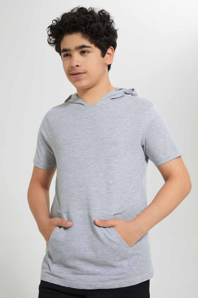 Redtag-Grey-Melange-Bsr-Plain-Hoody-Tee-Hoody-T-Shirts-Senior-Boys-9 to 14 Years