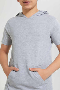 Redtag-Grey-Melange-Bsr-Plain-Hoody-Tee-Hoody-T-Shirts-Senior-Boys-9 to 14 Years